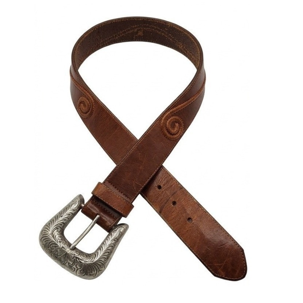 Vtg. Brighton Brown Leather Western Belt Silver Ornate Scroll Buckle USA S 42906